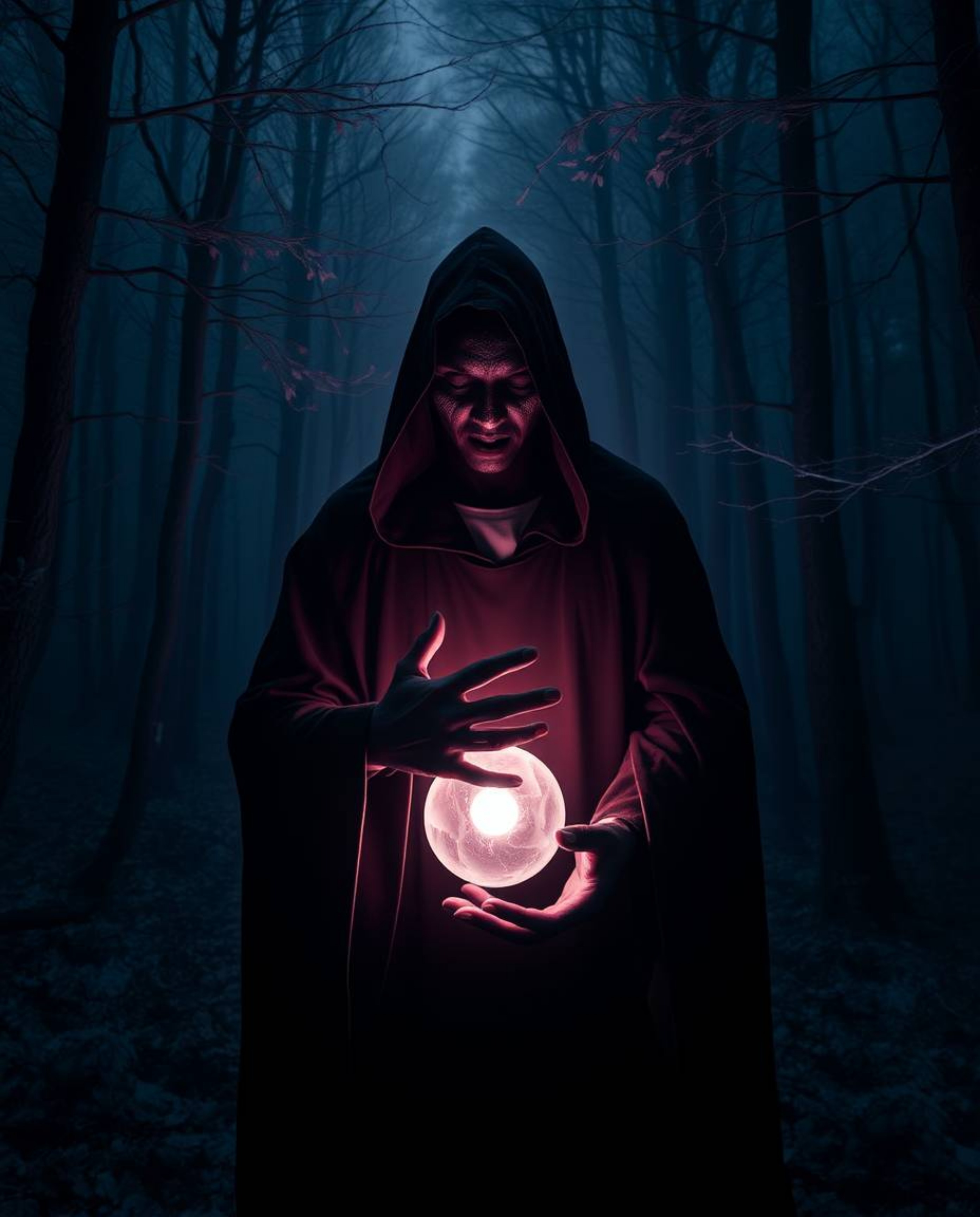 Immerse yourself in a surreal landscape with a cloaked figure holding a glowing orb amidst a misty forest, rendered in high c