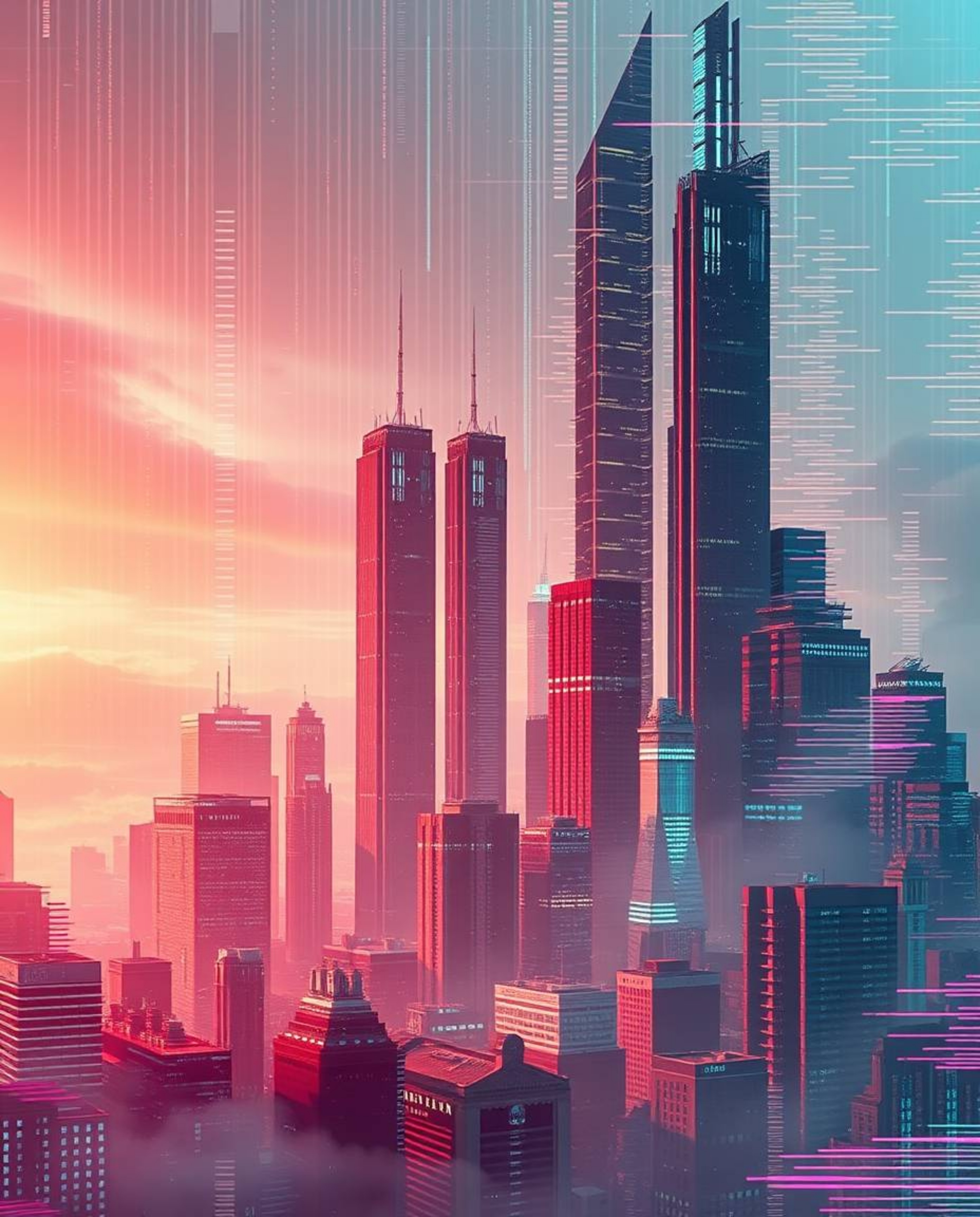 Explore a mesmerizing glitchy digital landscape featuring distorted skyscrapers and static noise. This mystic and enchanting 