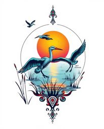 A symbolic traditional tattoo art print depicts herons flying over wetlands during the golden hour, distinguished by glowing 