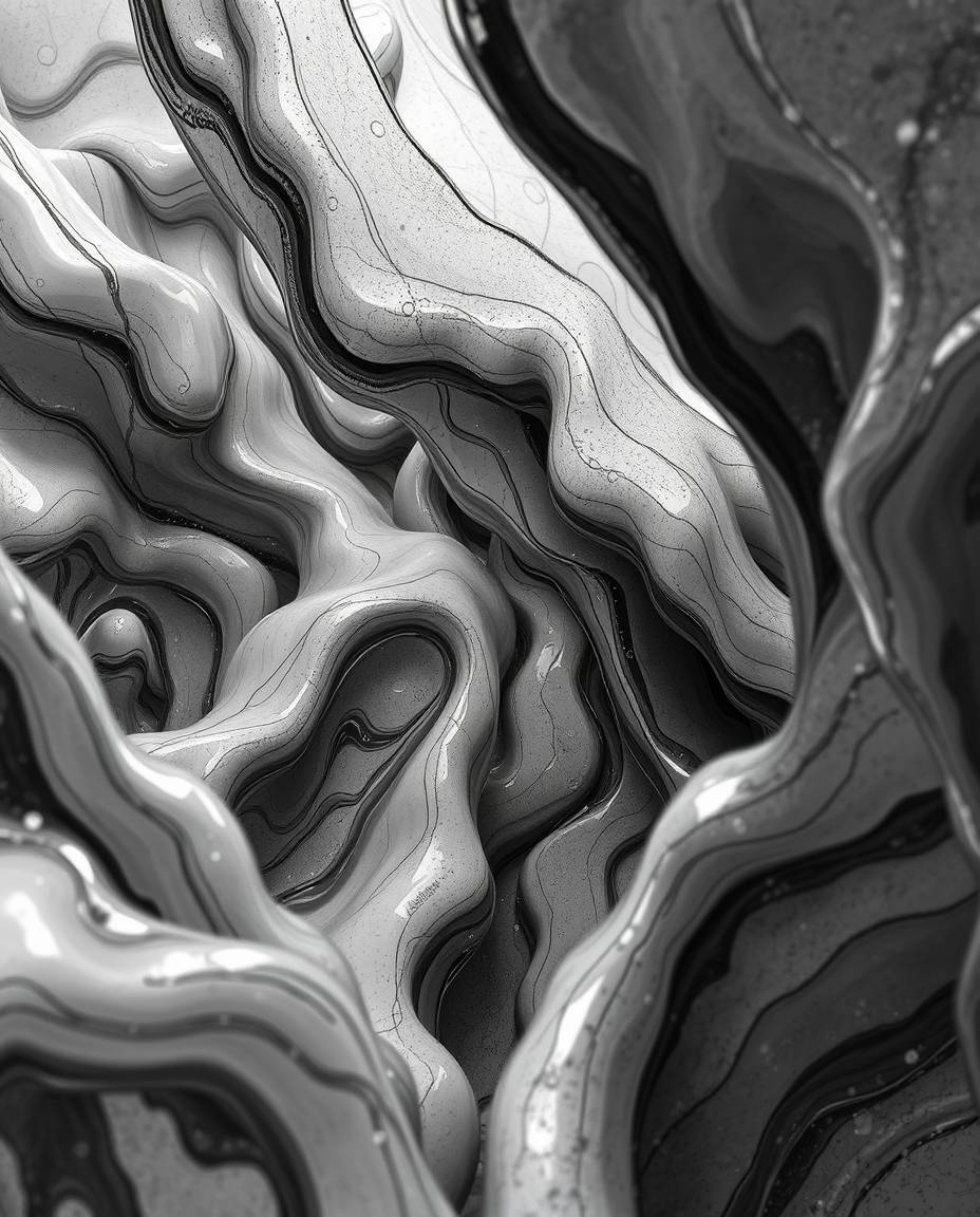 Explore a captivating black and white digital sketch featuring surreal 3D fluid shapes that mimic melted glass within a hyper