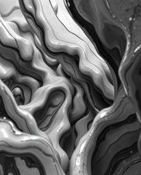 Explore a captivating black and white digital sketch featuring surreal 3D fluid shapes that mimic melted glass within a hyper