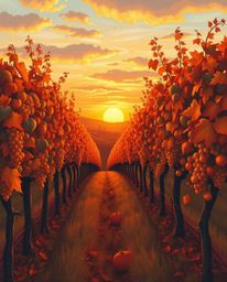 This beautiful painting captures a quintessential autumnal vineyard scene at sunset. Rendered in a palette of warm, earthy co