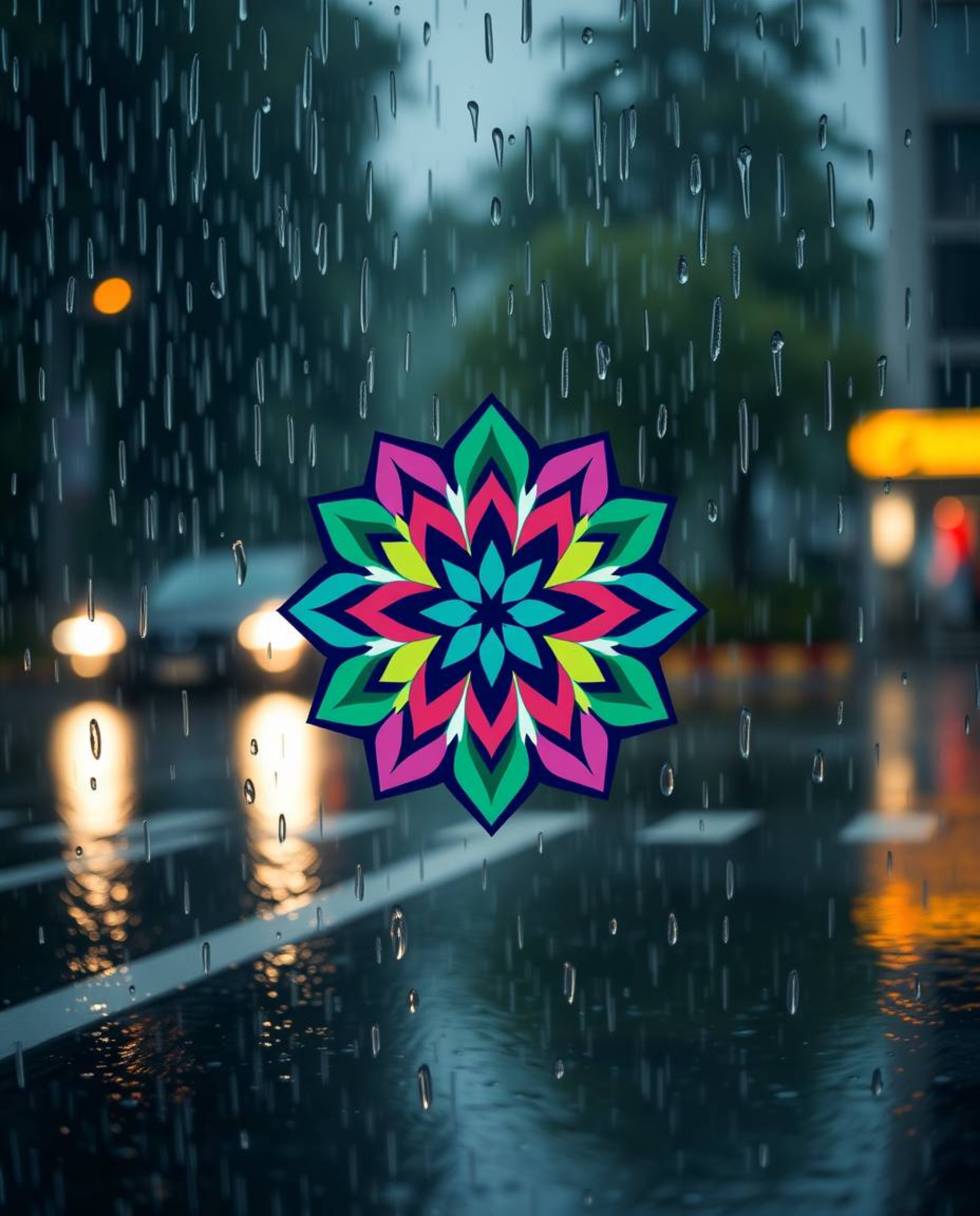This logo design is inspired by a wet rainy scene, featuring a geometric floral mandala with vibrant colors and a symmetric d