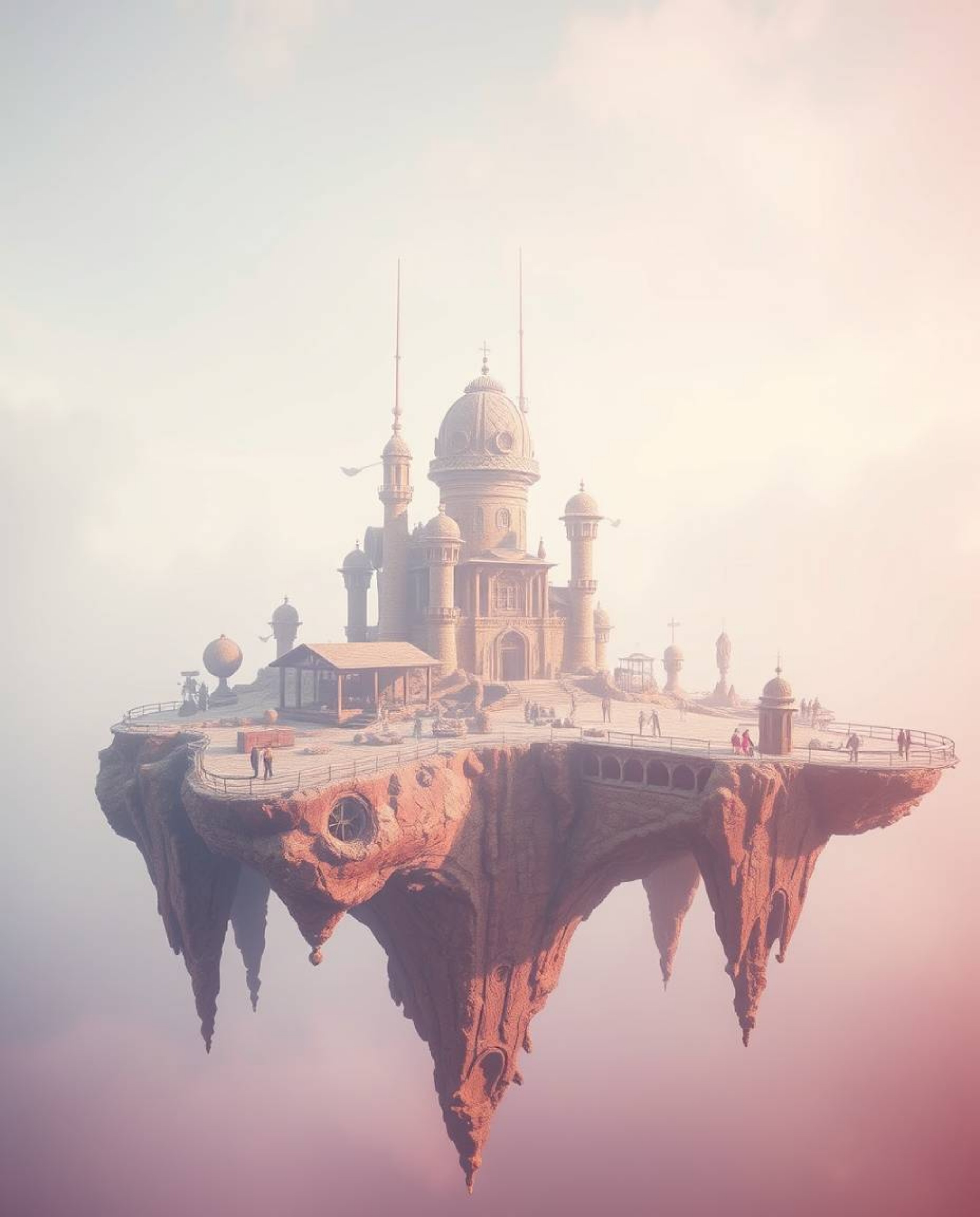 Immerse yourself in a dreamscape with a surreal floating island, showcasing strange and captivating architecture.  Rendered i