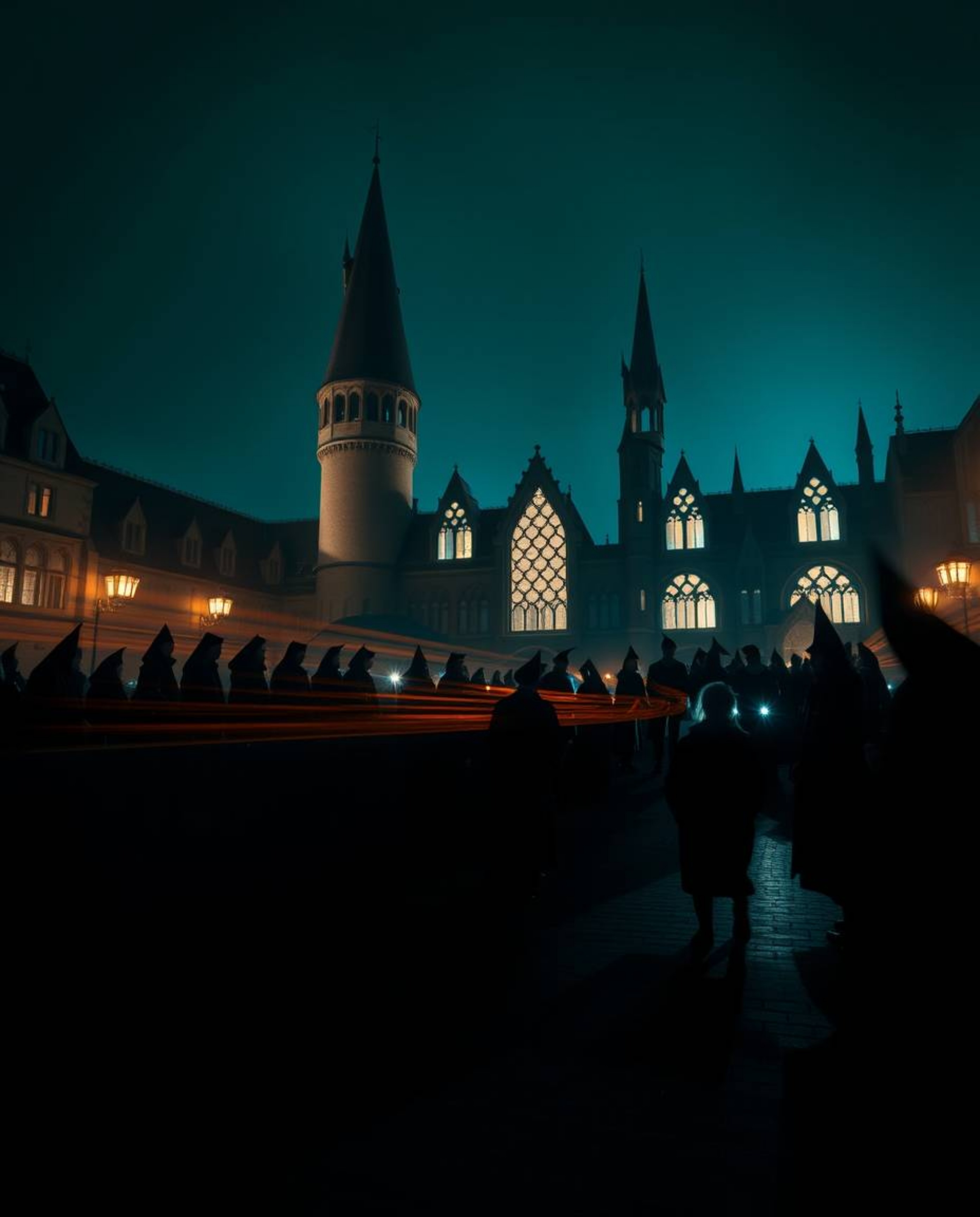 A mesmerizing long exposure photograph captures a magical school teeming with young wizards silhouetted against a rich, deep