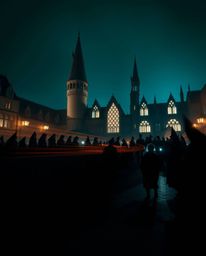A mesmerizing long exposure photograph captures a magical school teeming with young wizards silhouetted against a rich, deep