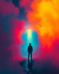 A captivating digital painting depicts a lone figure standing in a misty tunnel, gazing upwards towards a radiant light sourc