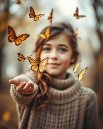 A captivating scene unfolds featuring a fair-skinned girl releasing butterflies into the air amidst warm autumnal colors. The