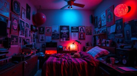 A captivating bedroom scene blends organized chaos with sophisticated elegance.  The space is filled with intriguing gadgets 