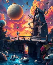 A surreal digital painting portrays an old wooden bridge over a river at sunset, rendered in bright, vibrant colors. The scen