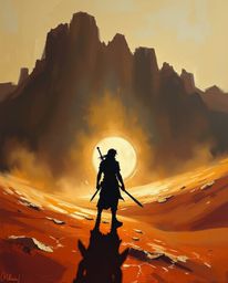 Immerse yourself in a captivating desert adventure with a brave hero rendered in a classic oil painting style reminiscent of 
