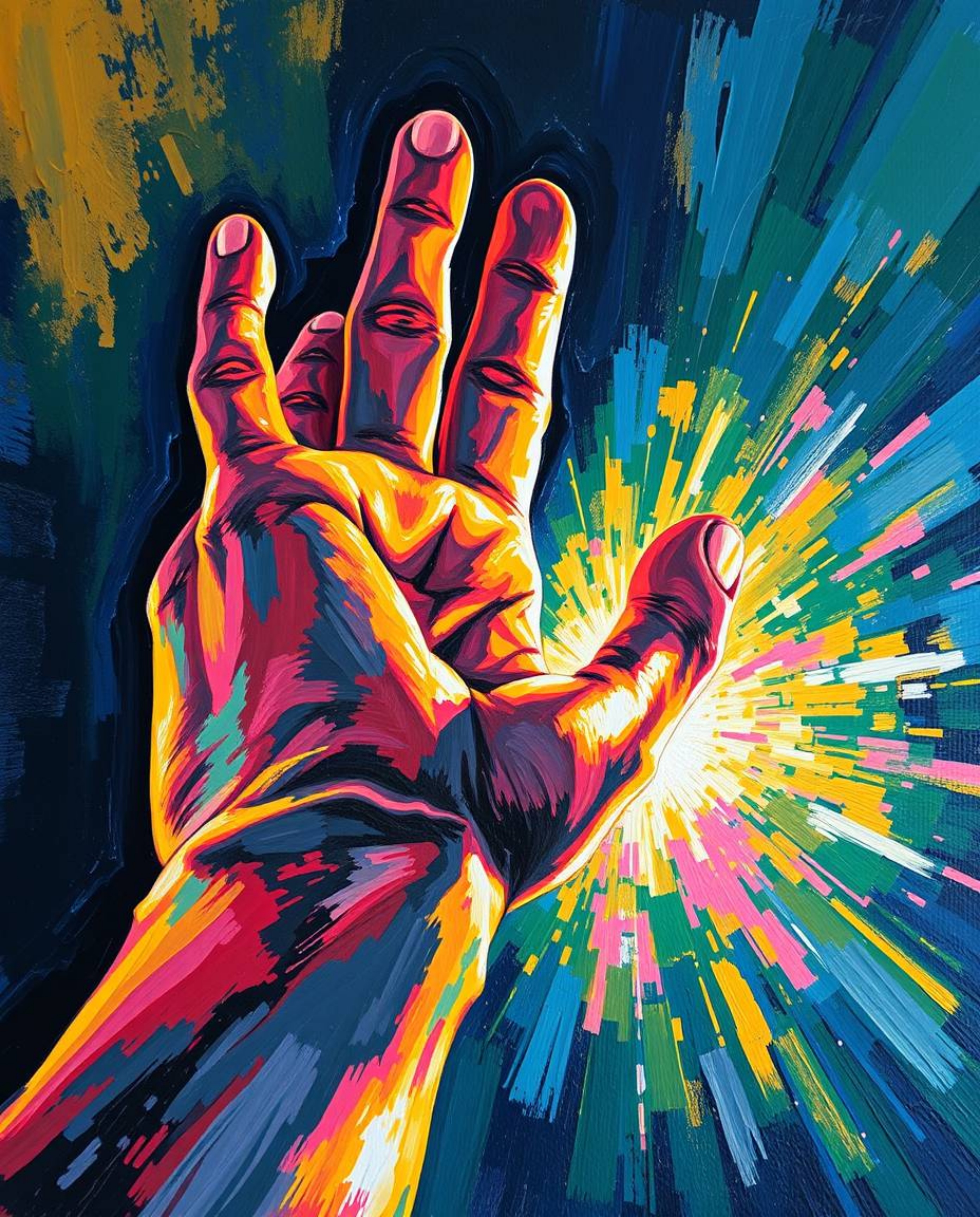 A captivating close-up of a bold acrylic painting showcasing vibrant colors and textured brushstrokes.  The detailed focus is