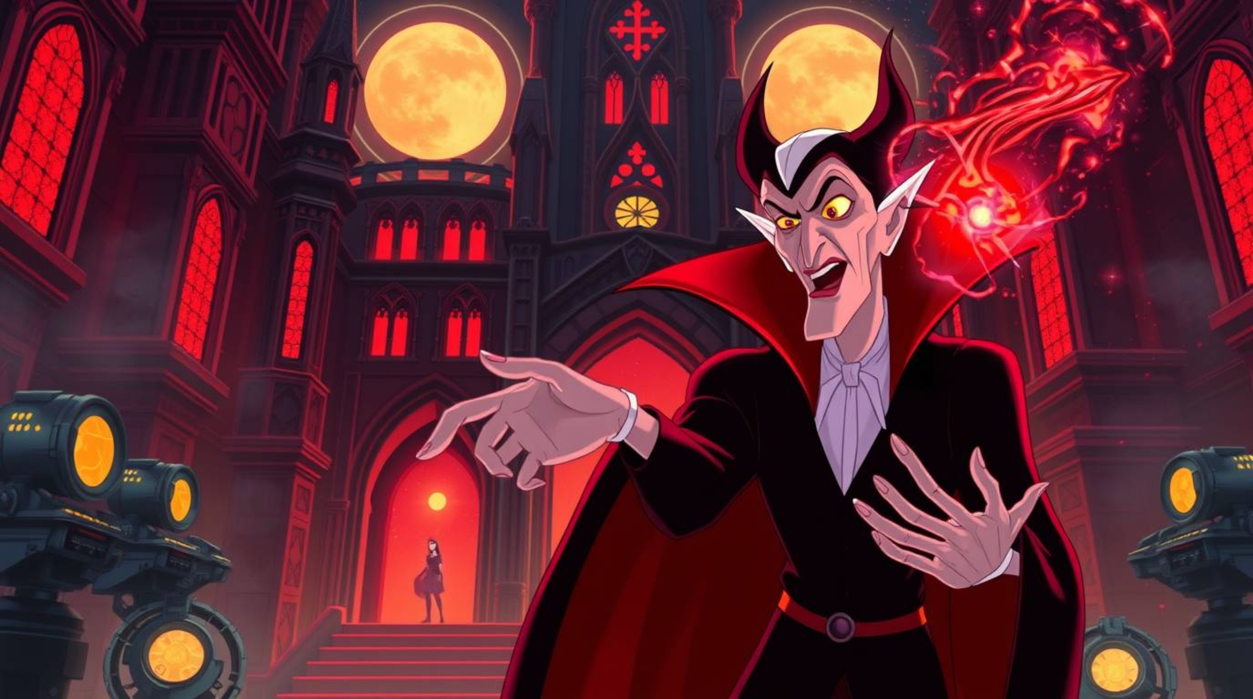 A classic Disney villain, with sharp features and pale skin, casts a spell within a gothic castle infused with futuristic tec