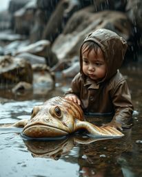 A captivating photograph showcasing an unlikely friendship between a sea creature and a child amidst a wet, rainy backdrop. T