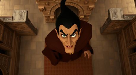 Experience a captivating overhead bird's eye view in natural earth tones, showcasing a classic Disney villain with subtly def