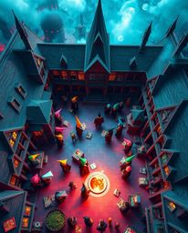 Explore a vibrant magical school teeming with young wizards, rendered in electrifying colors from a unique top-down viewpoint