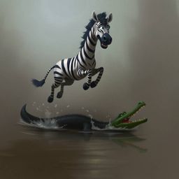 An epic and misty digital sketch creates an atmospheric scene featuring a 3D cartoon zebra and crocodile. Loose, painterly st