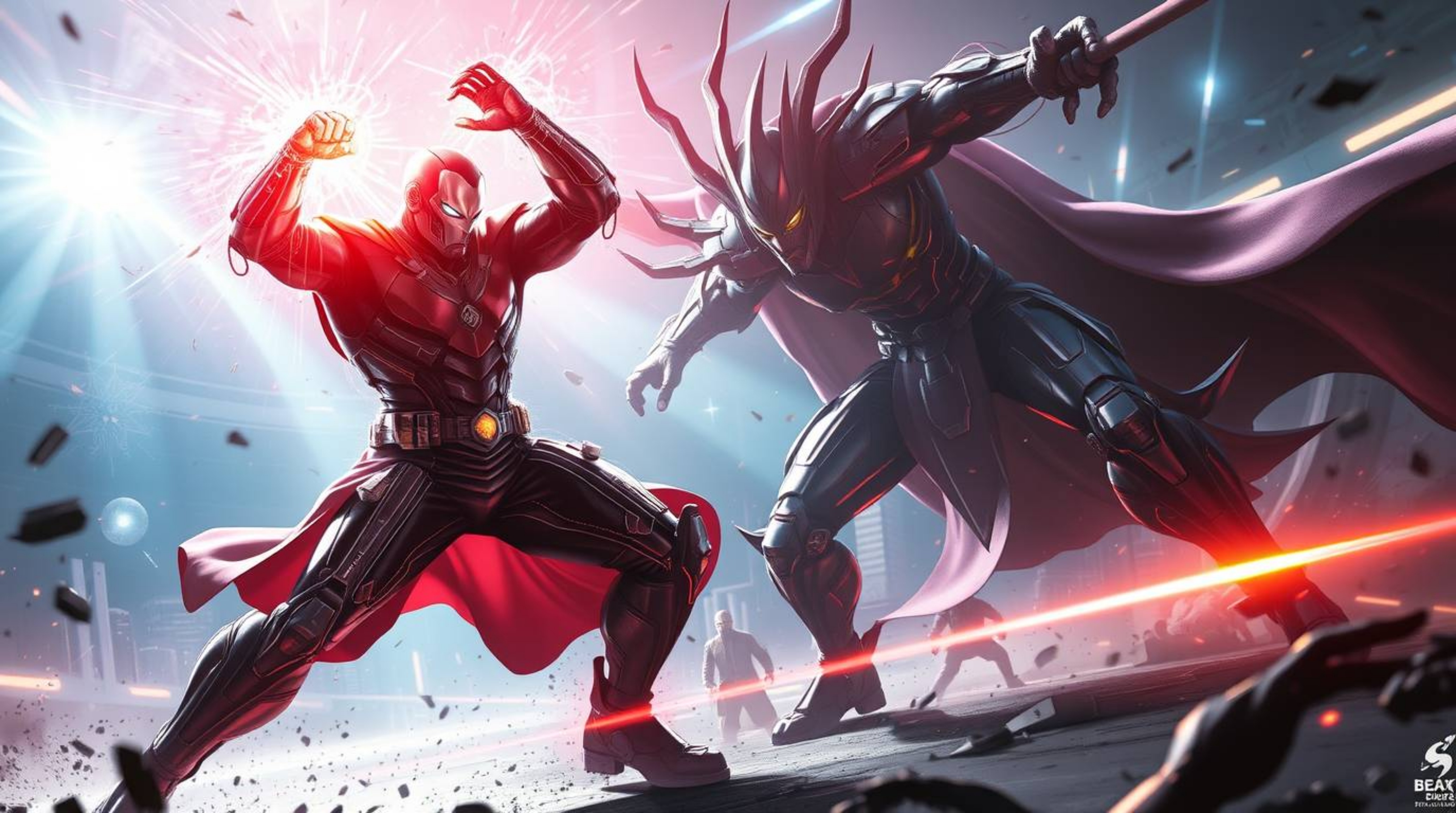 Witness a grand, artistic depiction of a superhero clashing with a villain in a futuristic setting.  The scene is epic in sca