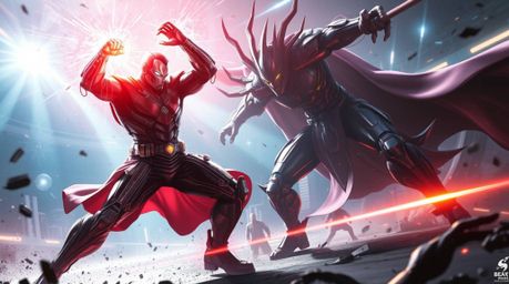 Witness a grand, artistic depiction of a superhero clashing with a villain in a futuristic setting.  The scene is epic in sca