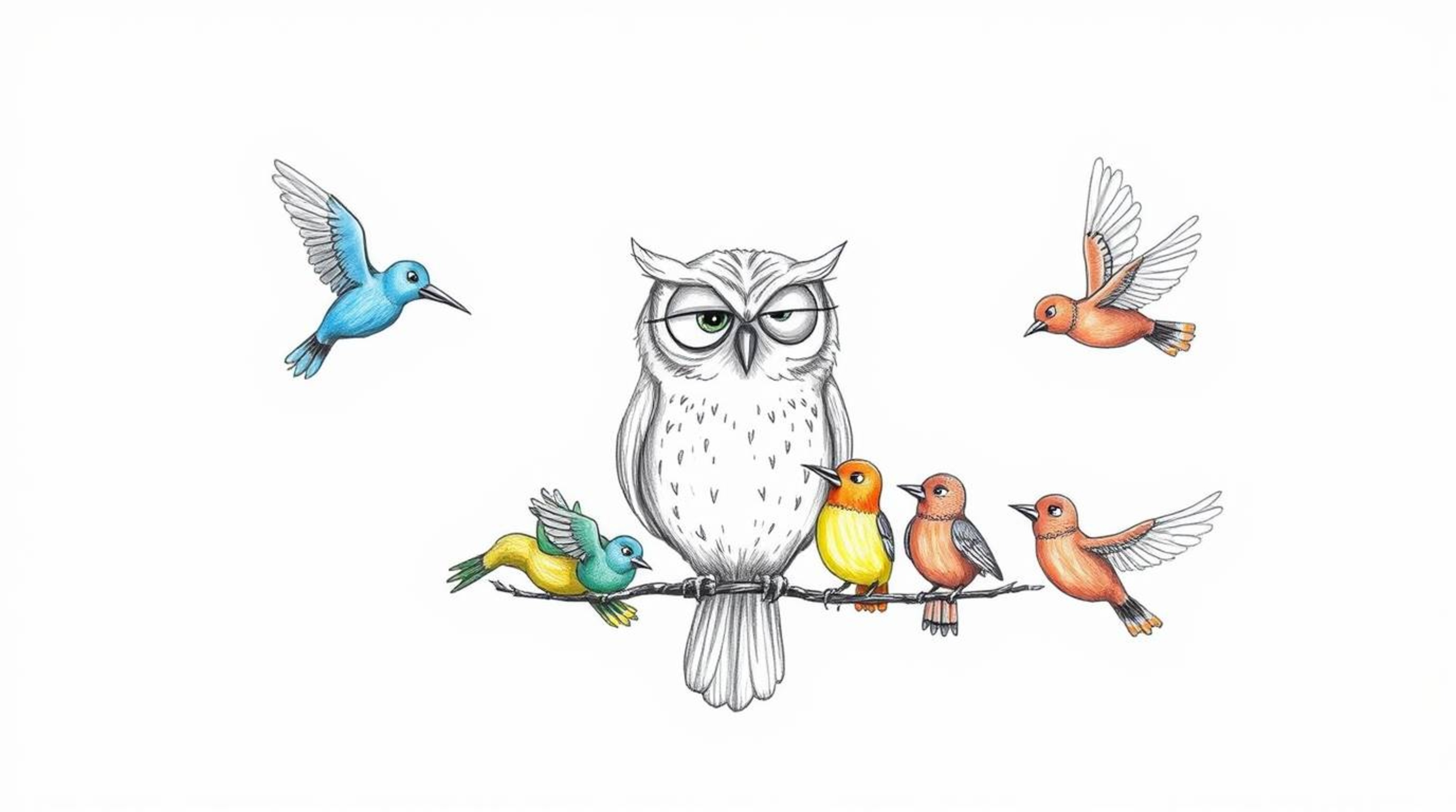 A serene, hand-drawn sketch depicts a blind owl, rendered in the style of Pixar animation, teaching a flock of vibrant birds 