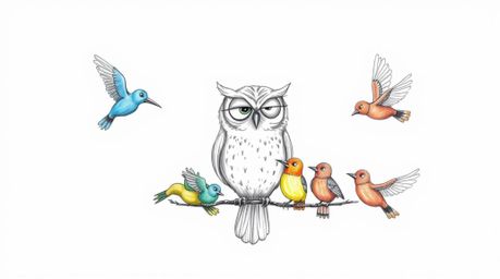 A serene, hand-drawn sketch depicts a blind owl, rendered in the style of Pixar animation, teaching a flock of vibrant birds 