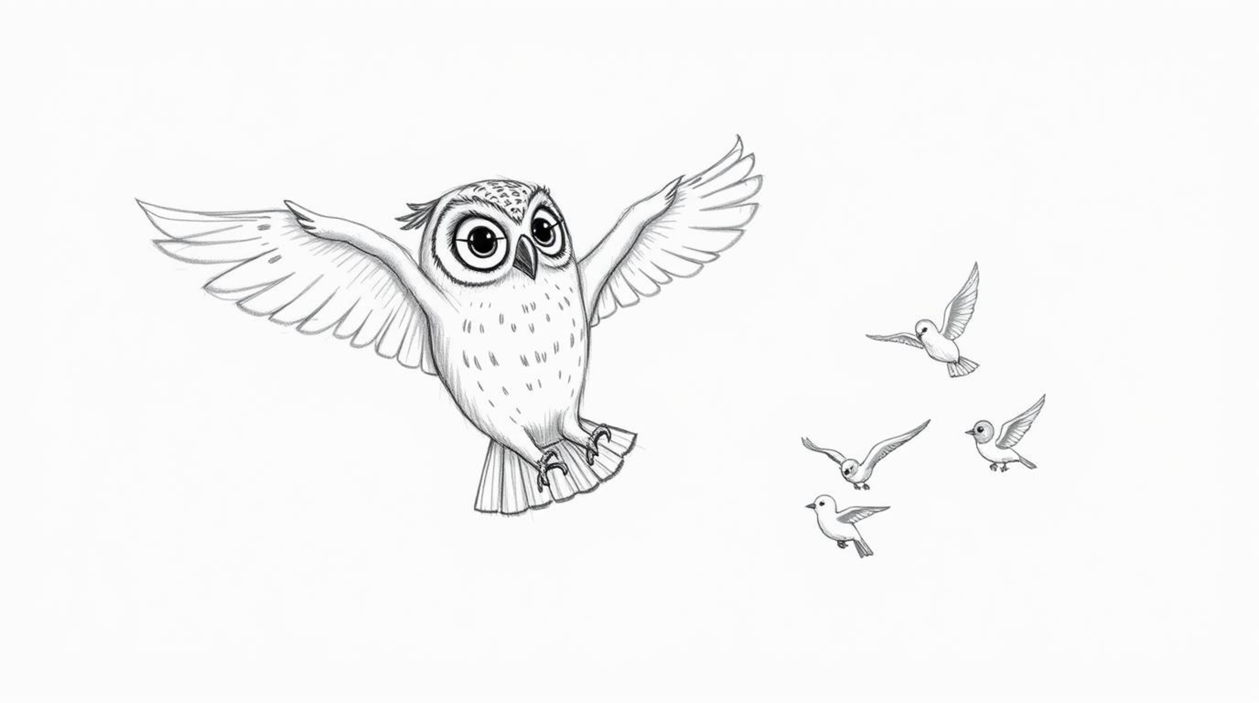 A heartwarming hand-drawn sketch in the style of Pixar, depicting a blind owl bravely teaching birds to fly.  Guided by an un