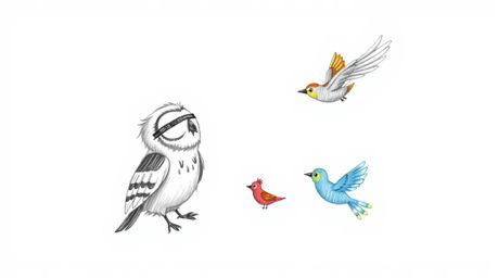 Experience a heart-warming scene of a blind owl, rendered in a whimsical, Pixar-esque hand-drawn style, teaching colorful bir