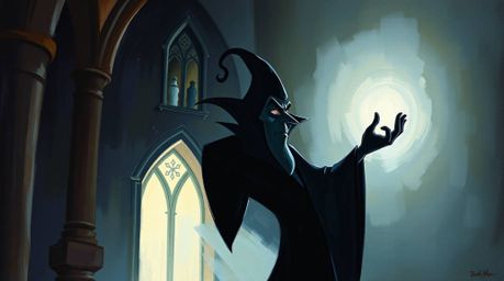 A captivating oil painting depicts a classic Disney villain silhouetted against a light source, casting a powerful spell with