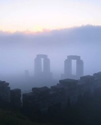 Thick fog surrounds ancient stone ruins at sunset, casting deep shadows and creating a mysterious atmosphere. The scene is en