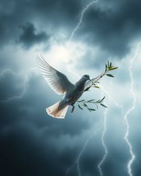 A digital artwork depicting a dove carrying an olive branch through turbulent, stormy skies. The scene is enhanced with drama