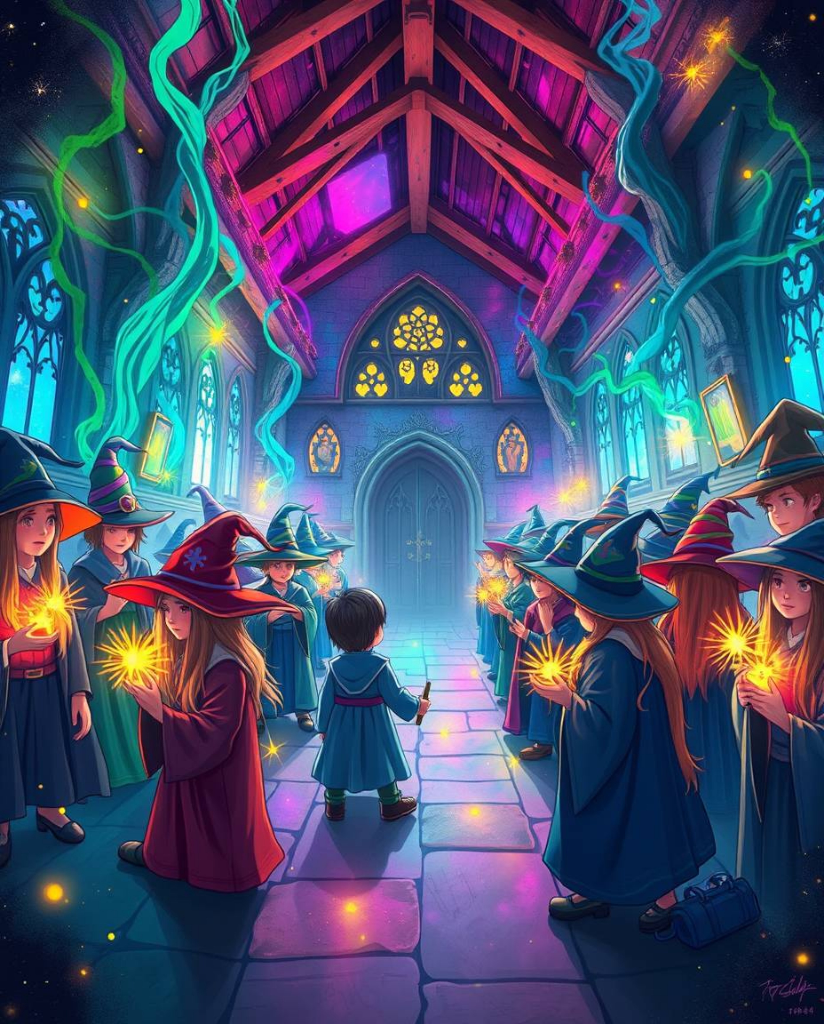 This illustration captures a magical school teeming with young wizards, brought to life with bright, vibrant colors and an et