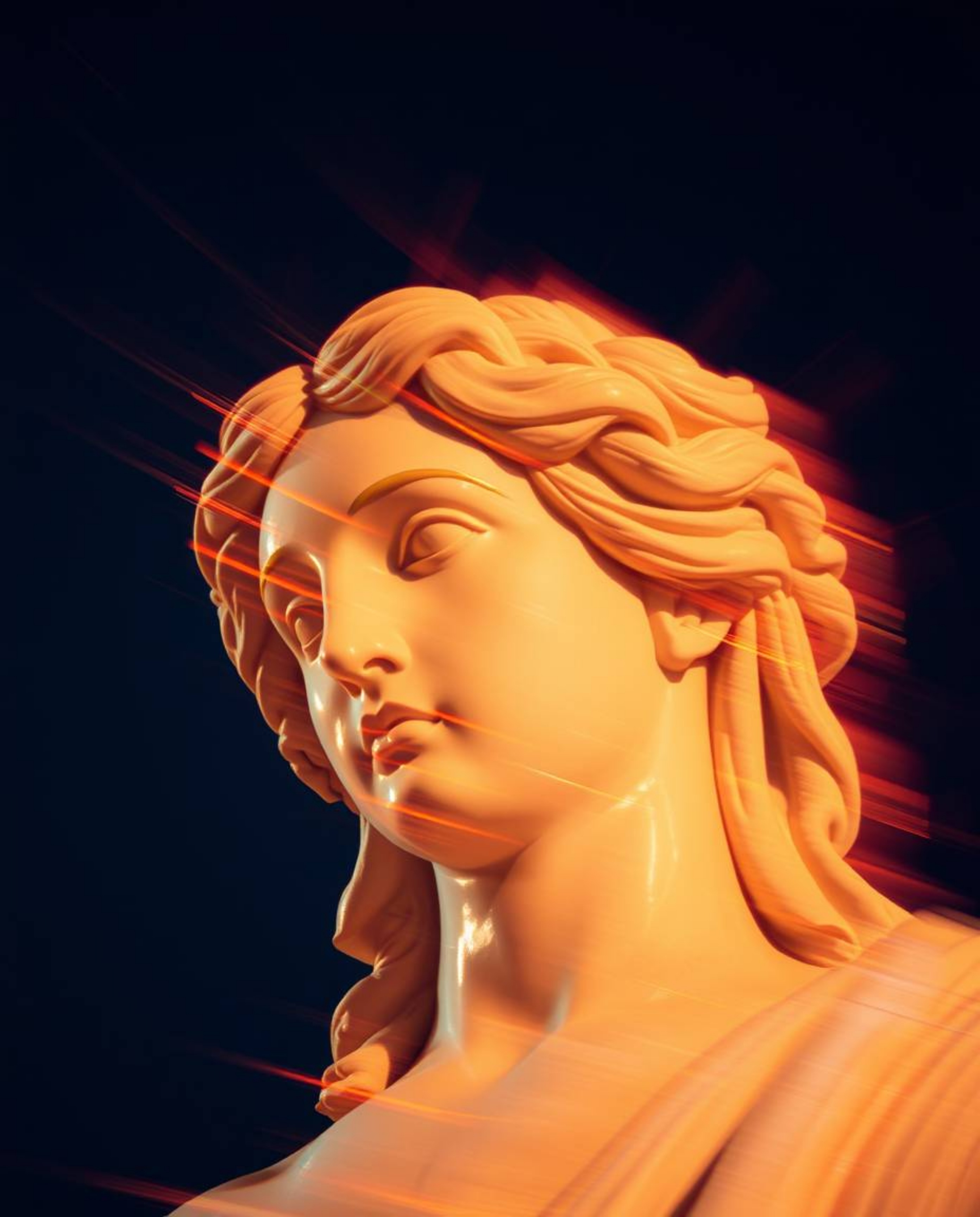 A captivating long-exposure photograph showcases a classical sculpture infused with a vibrant glitch effect.  The image boast