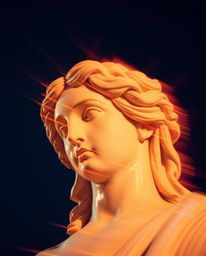 A captivating long-exposure photograph showcases a classical sculpture infused with a vibrant glitch effect.  The image boast