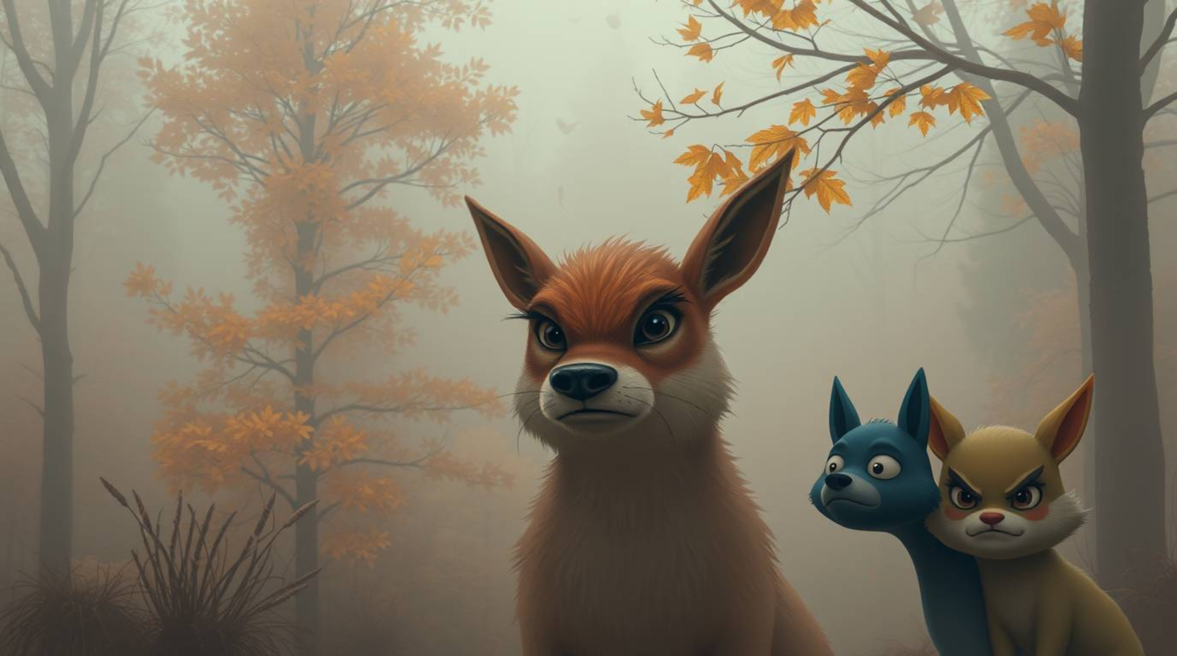 Immerse yourself in a scene of thick fog and warm autumn colors, creating a cozy and earthy atmosphere.  Low visibility adds 