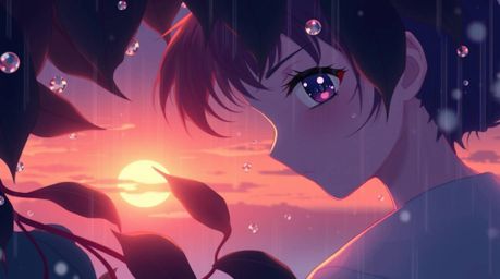 Captivating isekai anime-style illustration showcasing a breathtaking sunset reflecting in delicate raindrops clinging to lus