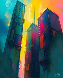 A glitchy digital landscape featuring distorted skyscrapers and static noise, rendered in a painterly style with loose stroke