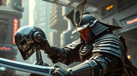 In a futuristic dystopian cityscape bathed in soft, diffused light, a weathered samurai clad in intricate armor engages in a 