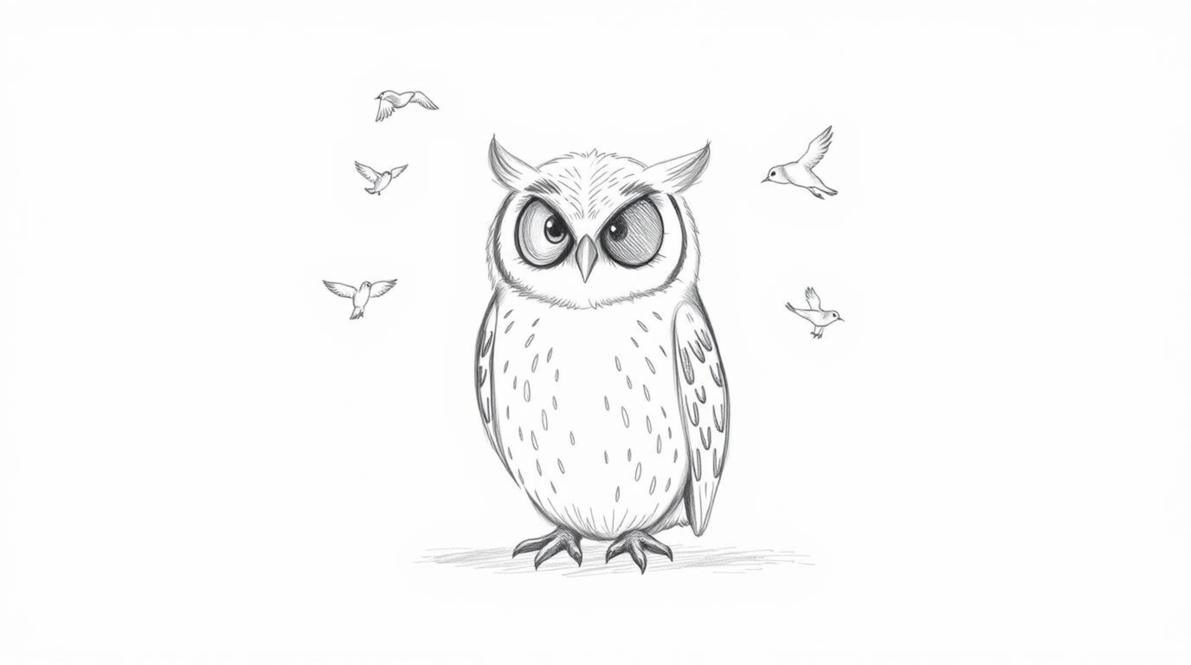 A hand-drawn sketch in Pixar style depicts a serene, blind owl calmly seated as small birds gently orbit around it. The artwo