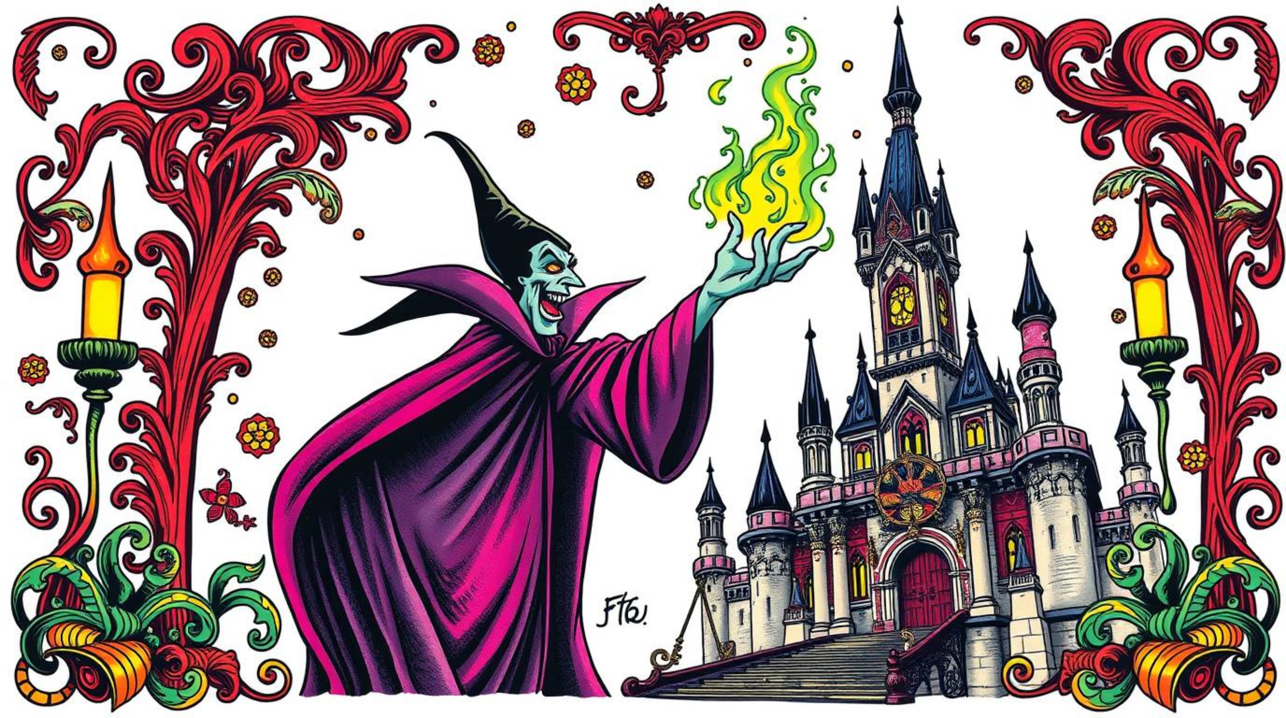 A captivating tattoo art print featuring a classic Disney villain casting a spell within an ornate castle. The artwork showca
