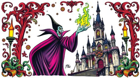 A captivating tattoo art print featuring a classic Disney villain casting a spell within an ornate castle. The artwork showca