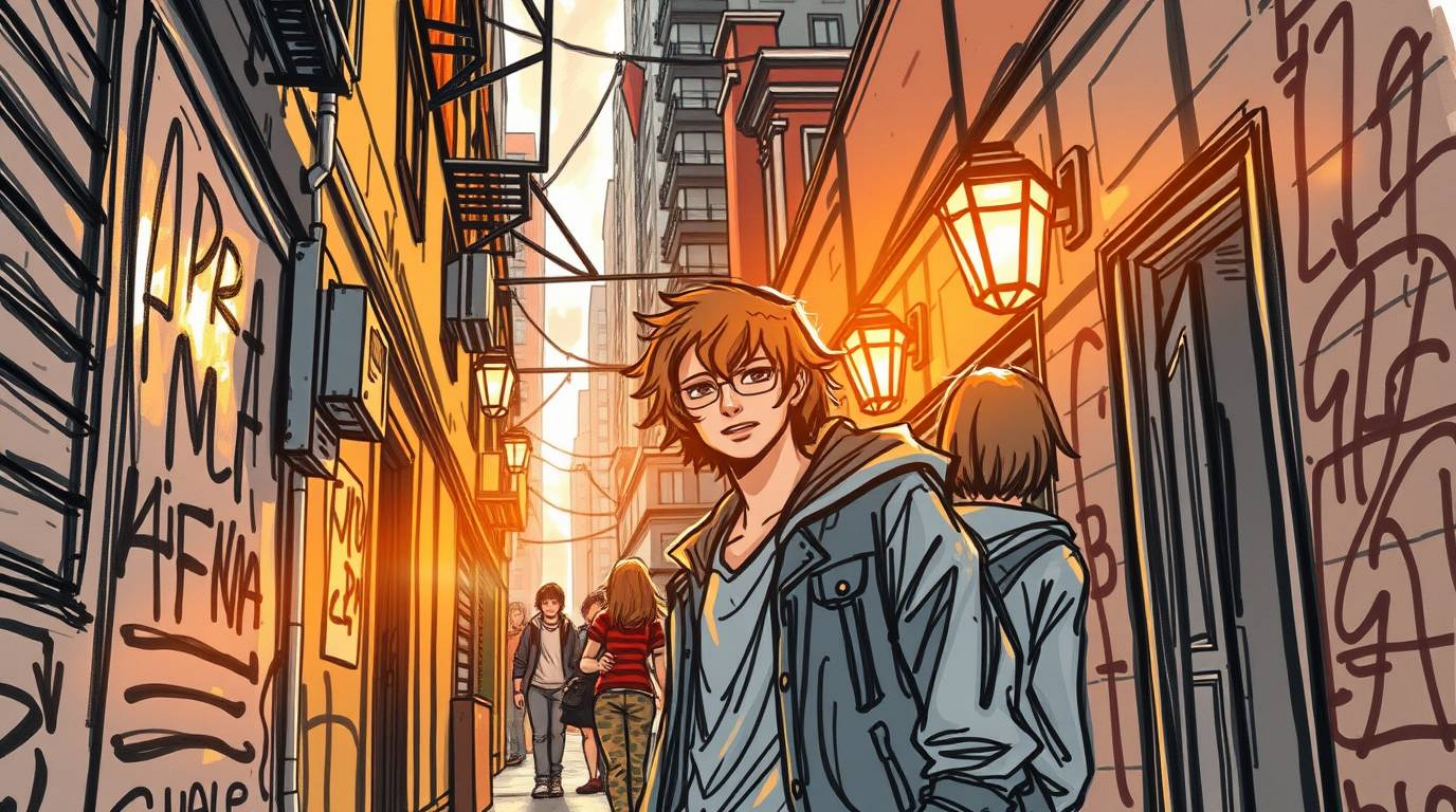 A captivating hand-drawn sketch depicting a grungy city alleyway bathed in a warm golden glow.  The image features rebellious