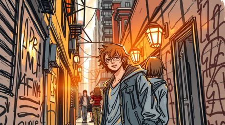 A captivating hand-drawn sketch depicting a grungy city alleyway bathed in a warm golden glow.  The image features rebellious
