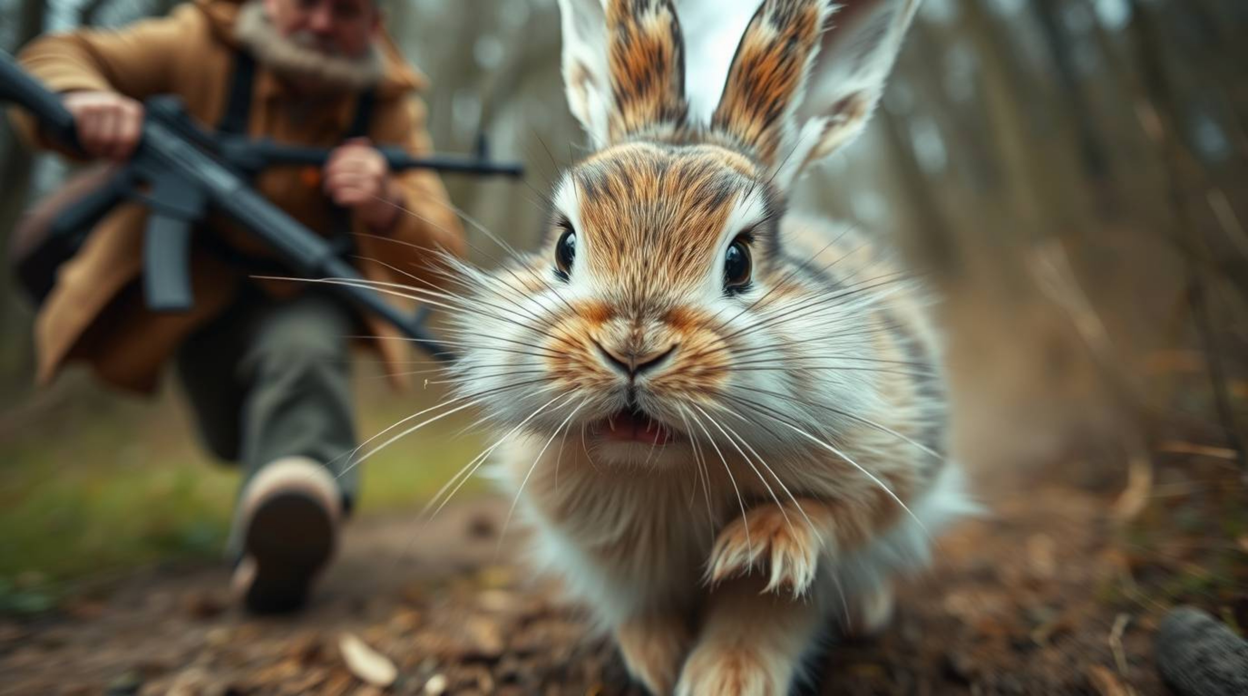 Witness a hilarious slapstick chase as a wacky rabbit, captured in a tight close-up, outruns a hunter. The shot reveals intri