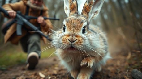 Witness a hilarious slapstick chase as a wacky rabbit, captured in a tight close-up, outruns a hunter. The shot reveals intri