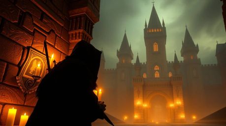 A daring thief infiltrates a heavily guarded castle bathed in the warm and inviting glow of candlelight. The scene showcases 