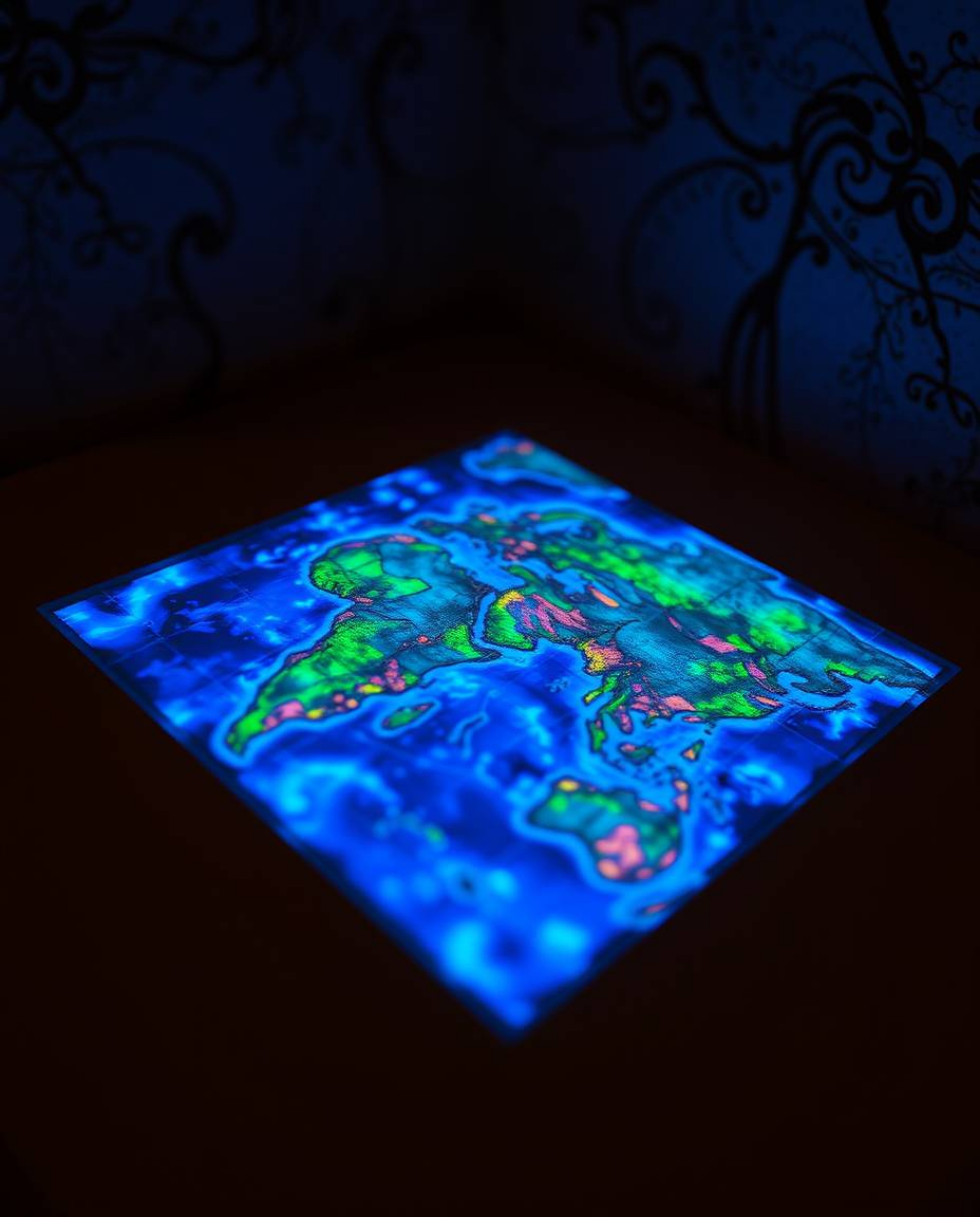 A captivating close-up reveals a glowing map projection in a dimly lit, antique study.  Bioluminescent colors illuminate the 