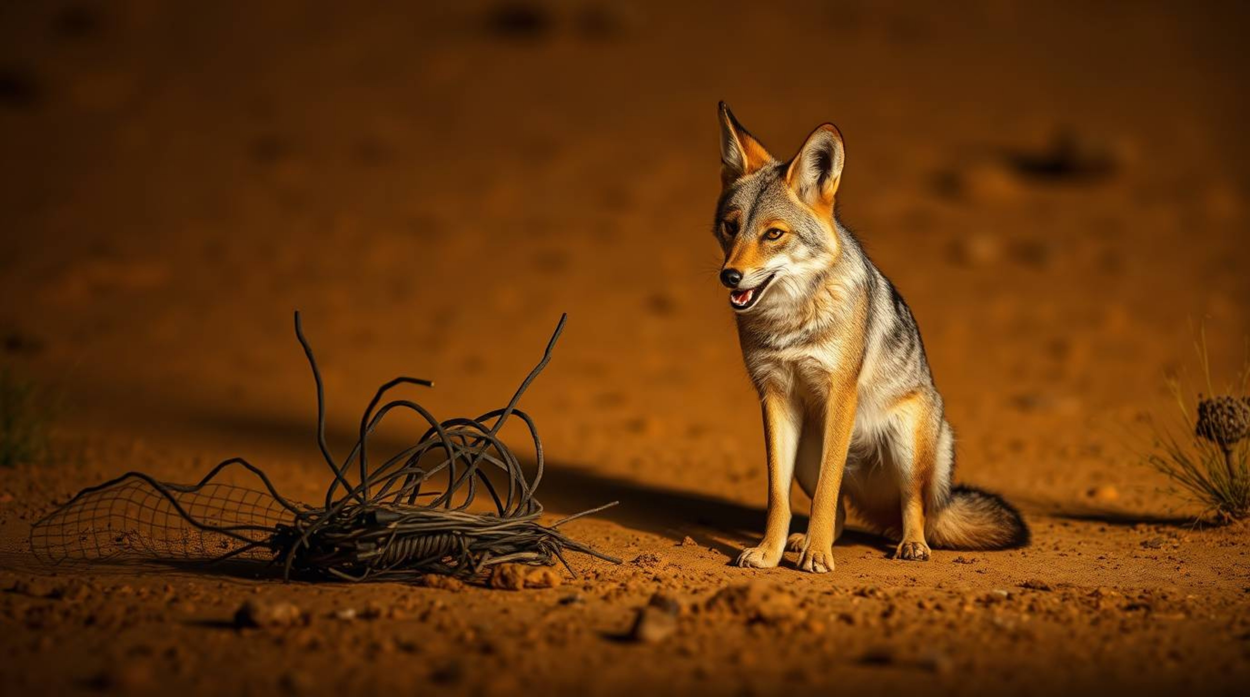 This artwork depicts a coyote setting up a comically absurd trap in the desert, showcased with a distinctive split compositio
