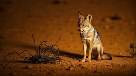 This artwork depicts a coyote setting up a comically absurd trap in the desert, showcased with a distinctive split compositio