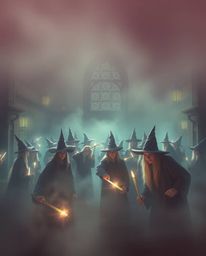 Experience a cinematic and softly hazy image of a magical school teeming with young wizards, where seamless color blending an
