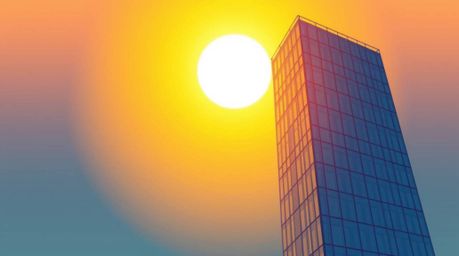 A modern flat design illustration showcasing a contemporary glass building that seems to dissolve into the warm golden hour s